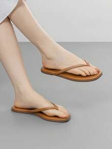 Rihero Women's Flip Flops Comfortable Classic Square Toe Beach Sandals Slip On Leather Thong Flat Sandals Dressy - 譚 - 查看 3