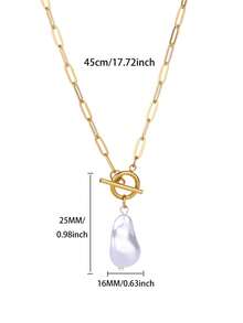 1pc Luxury Baroque Pearl OT Clasp Necklace, 18K Gold Plated Stainless Steel Paperclip Chain Pendant, High-End Design Jewelry, Gift For Commute And Dating - Yellow Gold - View 6