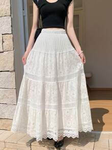 2025 Women's Summer Lace Hollow-Out A-Line Skirt, French Style Fairy Dress With Flowy Pleated Hem - White - View 6