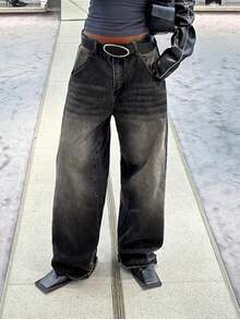 Women's High Waist Casual Y2k Streetwear Baggy Distressed Vintage Washed Wide Leg Jeans - 深灰色 - 查看 7
