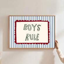 1 tấm tranh canvas trang trí phòng trẻ em chủ đề "Boys Rule" (Quy tắc của các bé trai) với họa tiết sọc xanh dễ thương, phong cách tối giản, thích hợp cho phòng chơi, phòng ngủ, nhà hiện đại. - Áp phích - Xem 1