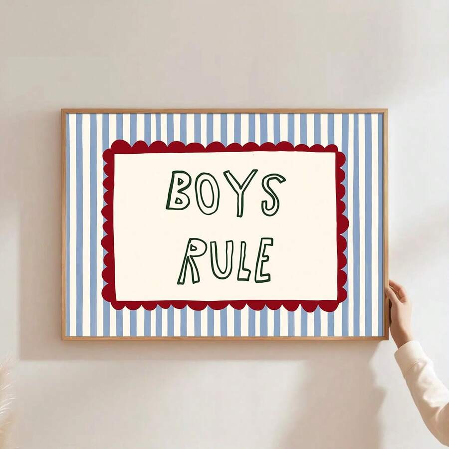 1 tấm tranh canvas trang trí phòng trẻ em chủ đề "Boys Rule" (Quy tắc của các bé trai) với họa tiết sọc xanh dễ thương, phong cách tối giản, thích hợp cho phòng chơi, phòng ngủ, nhà hiện đại. - Áp phích - Xem 1