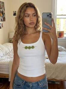 Women's Tank Tops, Beaded Pattern Tank, White U-Neck Sleeveless Slim Fit Basic Summer Vest For Everyday Street Wear - Ngà voi - Xem 3