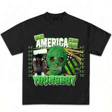 Y2K Grunge Style Women's Black Cotton T-Shirt With Green Graphic Design Short Sleeve Round Neck - Black 7 - View 8