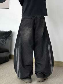 1pc Justice Brother Vintage Cocoon Men's Jeans, Patchwork Barrel Leg Loose Casual Long Pants - Black - View 7
