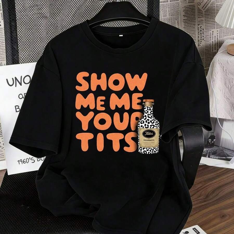 SHOW ME YOUR  Playful Edgy Design Tito's Vodka Print T-Shirt - Casual Crew Neck Cotton Tshirt, Super Soft, Summer Breathable Tee - Perfect For Humorous/Provocative Style Lovers - 黑色 - 查看 1