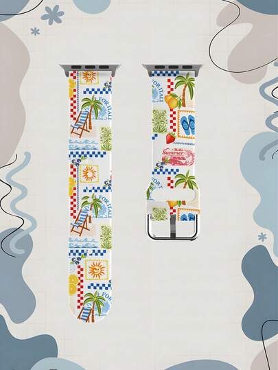 1pc Summer Beach Lounger Watch Band, Soft Elastic Breathable Comfortable Replacement Strap Compatible With Samsung, Honor Smartwatches, 38mm 40mm 41mm 42mm 46mm 45mm 44mm 49mm, Beach Holiday Gift, Coconut Tree & Fruit Pattern Daily Casual Silicone Watch Band Compatible With Apple Watch Ultra SE/11/10/9/8/7/6/5/4/3/2/1