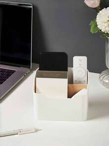 1pc Multi-Functional Remote Control Organizer Box - Desktop Office Supplies, Cosmetics, Charging Cable Storage Container - White - View 5