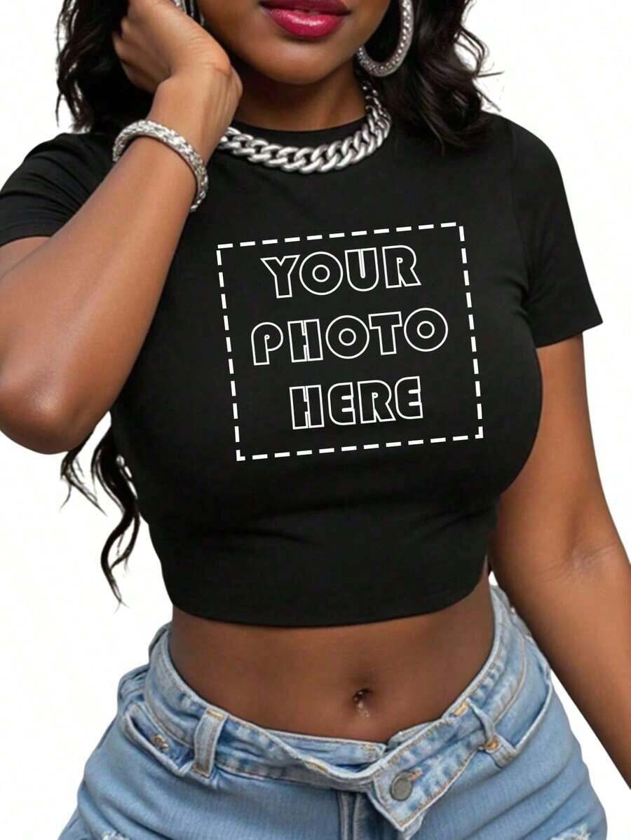 Customizable Plus-Size Women's Short-Sleeved Crop Top T-Shirt. Add Your Own Photos (Pictures, Selfies, Photos Of Friends Or Family, Logos, Etc. ), Perfect As An Anniversary Gift, Valentine's Day Gift - 黑色 - 查看 1