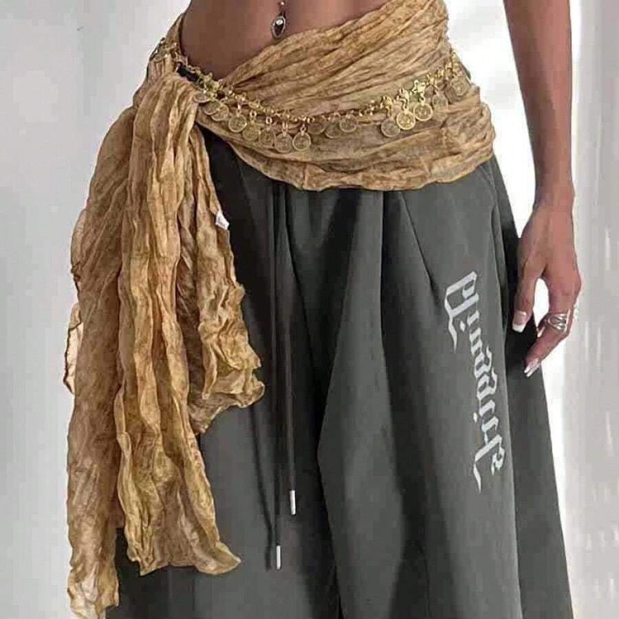 1 Pc Jazz Dance Hip Cover, Hip Scarf, Exotic  Shawl, Scarf, Multi-Functional Belt Accessory, Vintage Niche Waist Chain, Perfect Mother'S Day Gift - 異國咖色長巾 - 查看 1