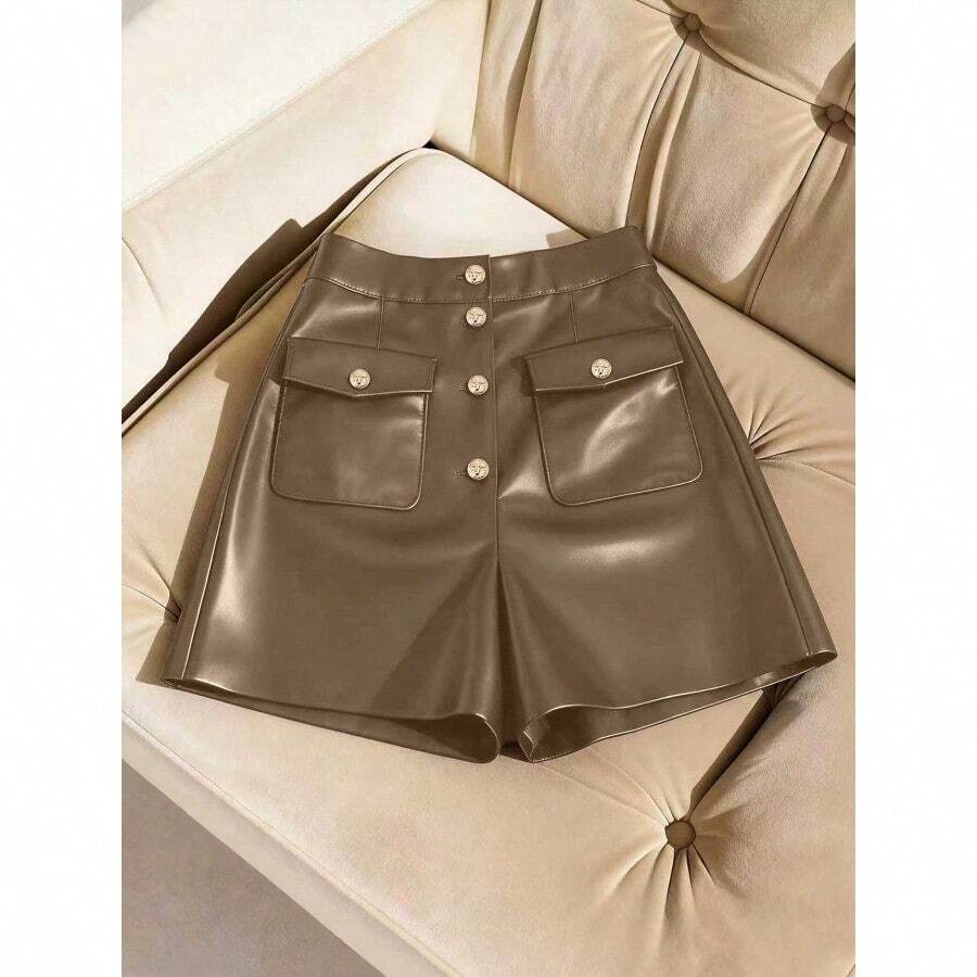 Women's Fashion Street Casual Workplace Commute PU Leather Single-Breasted Lapel Pocket Loose Shorts Burgundy Shorts Women Leather Shorts High Waist Shorts Elegant Shorts Shorts Leather Shorts For Women High Waist Shorts Woman Women Shorts Short Outfits For Women - 卡其色 - 查看 1