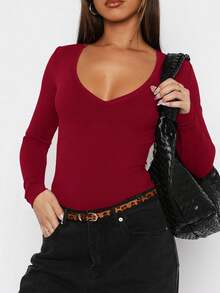 Vaiaye 女士修身 V 领性感长袖 Y2K 针织上衣，春夏纯色 V 领 T 恤，适合情人节穿着 - 酒紅色 - 查看 9