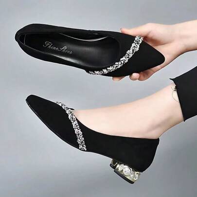 Zapatos de tacón para mujer Nuevos zapatos de cuero con suela plana y adornos de pedrería. Zapatos de salón versátiles con punta afilada para mujer. Zapatos de tacón grueso con una sola correa. Zapatos de ante auténtico y suave para mujer.
