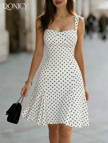 DONICY Đầm chữ A cổ vuông chấm bi đen dành cho nữ, thích hợp cho ngày Valentine và mặc hàng ngày. - trắng - Xem 4