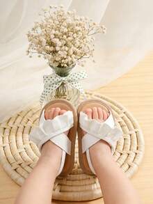 Newborn Infant Girls' Summer Soft Bottom Sandals, Wedding Dress Flat Shoes, Beach Slippers, Toddler Anti-Slip Shoes With Cute Ruffle Design - White - View 3