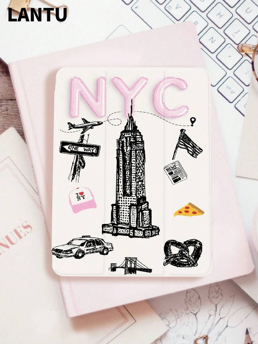 1个旅行旅程建筑字母印花平板电脑保护套，兼容苹果10.2英寸/11英寸（2020/2021款）、（A16）11英寸第11代（2025款）、第9/10代、Air 4代（10.9英寸）、Galaxy Tab S6 Lite 10.4英寸，防摔，带笔槽，支持睡眠/唤醒功能，浪漫礼物 - 彩色 - 查看 1