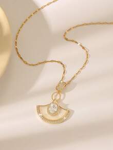 1件优雅时尚蓝色立方氧化锆恶魔眼不锈钢项链，花卉爱心几何设计，女士日常配饰 - 金色 - 查看 3