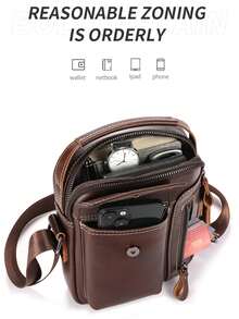 Men's Genuine Leather Retro Shoulder Bag, Casual Fashionable Handbag, Multifunctional Stylish Crossbody Bag, Suitable For Daily Travel Use, Fashionable Gift For Men Old Money Streetwear - Maroon - View 4