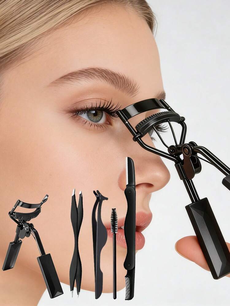CIMACA 5pcs Eyebrow & Eyelash Grooming Kit: Eyelash Curler, Eyelash Separator, Eyebrow Razor, Double-Ended Eyebrow Razor, Eyebrow Brush. Ideal For Beginner Makeup Artists, Daily Makeup, Dates, Travel - Black - View 1