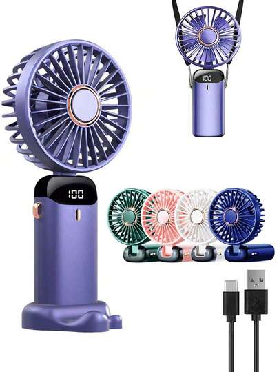 1 pieza Ventilador de mano mini, Ventilador recargable portátil por USB, Ventilador eléctrico, Ventilador colgante de cuello, Ventilador USB, 5 velocidades de viento, Con pantalla digital y cordón, Ventilador portátil, Ventilador turbo, Plegable 90° con soporte, Se puede usar como soporte para teléfono, Ventilador para maquillaje, Adecuado para escritorio de oficina, dormitorio, recargable, uso al aire libre, artículo esencial de verano para viajes, Capacidad de batería de 800mAh
