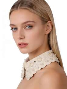 1pc Vintage Style Handmade Beaded Collar, Multi-Functional Shirt Collar Decor With Faux Pearl Jewelry,Festival,Travel - White - View 5