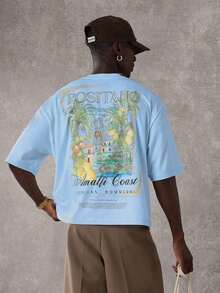 SUMWON Summer Club Positano Amalfi Italian Inspired Graphic Tee Vacation Resort Beach Travel Casual Oversized Cotton-Shirt Summer Holiday Leisure WearMinimalist Style  Sweatshirt - 藍色 - 查看 5