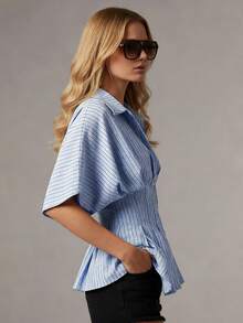 Women's Striped Peplum Blouse Button Down Collared Short Puff Sleeve Cinched Waist Shirt For Casual - 藍色 - 查看 5