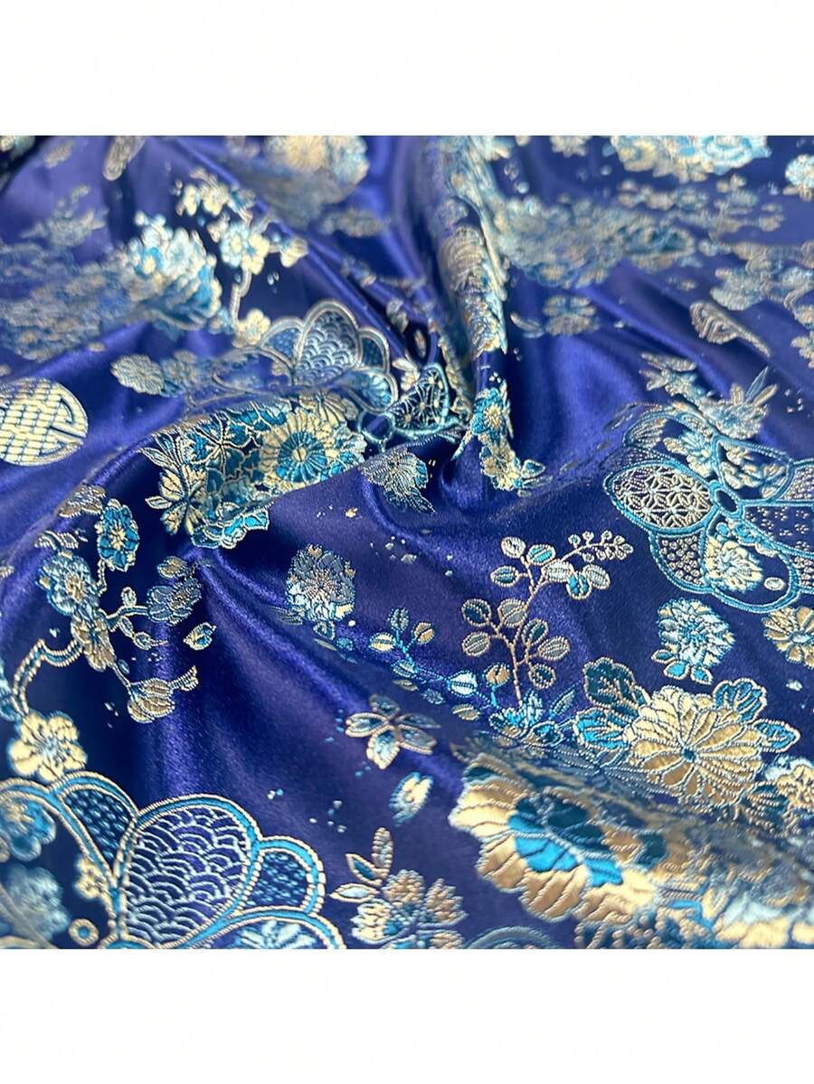 1 cuộn vải Jacquard chất lượng cao, màu xanh dương với họa tiết hoa tinh tế và bề mặt bóng mượt, thích hợp cho may vá, trang trí nhà cửa, trang trí tiệc và các sản phẩm thủ công DIY. Chiều rộng: 29,5 inch, Trọng lượng: 130 g/m² - Vải Jacquard - Xem 1