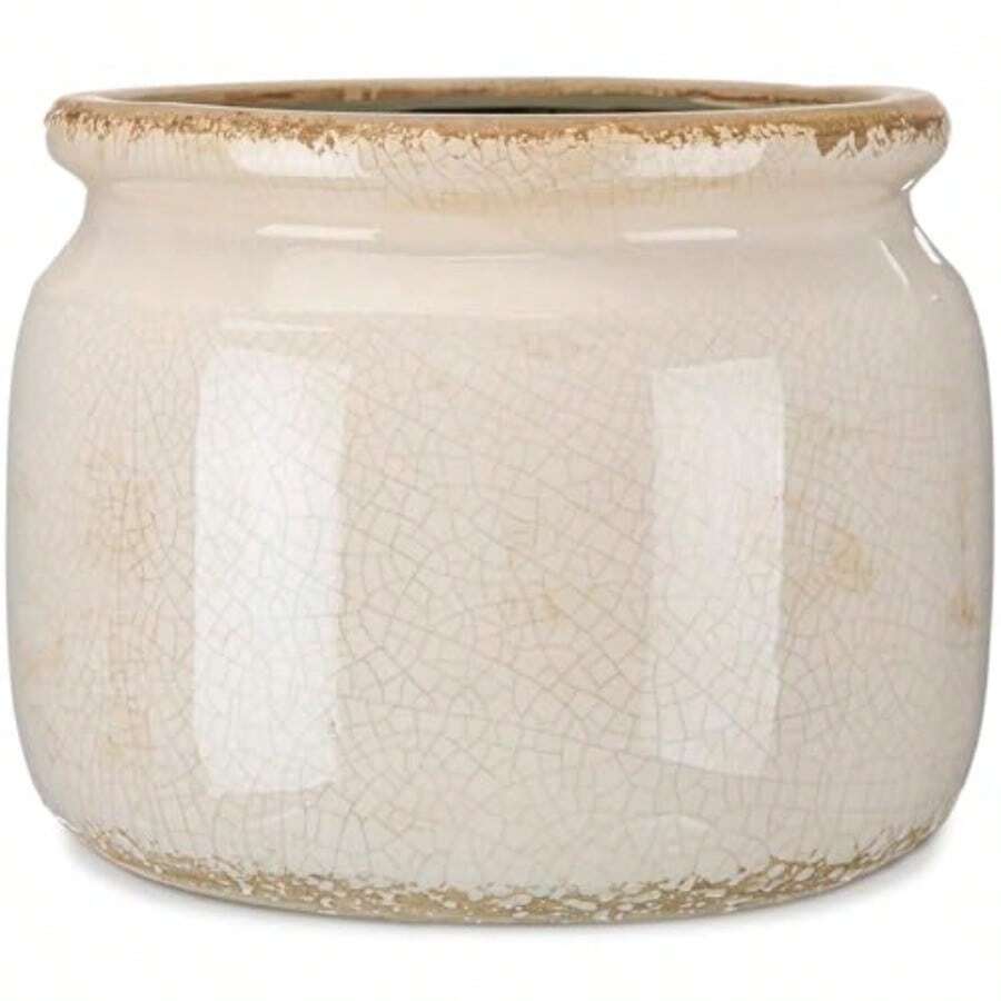 Maceta de cerámica clásico grande de 7.7 pulgadas maceta rústica de color beige puro con esmalte craquelado y agujero de drenaje para plantas de interior y exterior granja hogar cocina - Beige puro - Ver 1