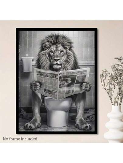 1 Piece Of Optional Frame Humorous Canvas Poster - Lion Reading Newspaper On Toilet, Frameless Wall Art, Suitable For Living Room, Bedroom, Office, Coffee Shop - Creative Humorous Frameless Art Painting Gift, Home Decoration, Canvas Wall Art, Room Poster, Home Decor, Room Aesthetic Decor, Room Decoration Supplies.
