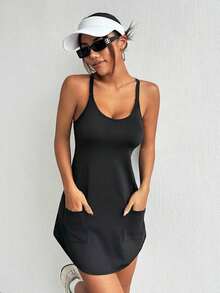 Easithlete 2 In 1 Look Sport Dress With Pockets Short Black Dress Athletic Dress - màu đen - Xem 6