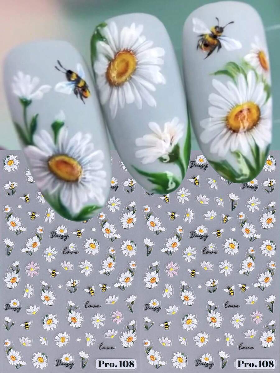 2片装白色雏菊和蜜蜂图案自粘美甲贴纸,优雅白色花叶装饰贴纸,逼真植物贴花,适用于春夏美甲沙龙、女士和女孩 - 彩色 - 查看 1