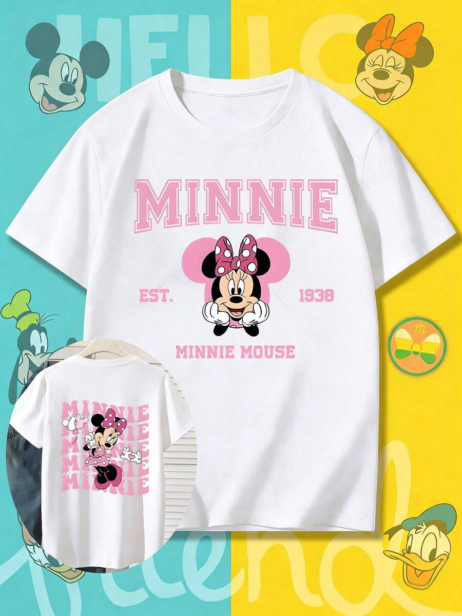 Disney Women's Casual White Minnie Mouse Graphic Print Round Neck Short Sleeve Cotton T-Shirt - 白色 - 查看 1