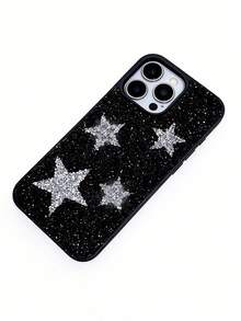 1pc Black Solid Color Rhinestone Star 2-In-1 Lens Hole Phone Protective Case Suitable For 17, 16, 15 Pro Max, 14, 13, 12, 11 Series, Rhinestone Star Pattern, Minimalist & Fashionable Phone Case - Silver - View 6