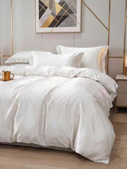 2/3 Pcs Satin Bedding Duvet Cover Set, No-Iron Duvet Cover Set, Soft And Skin-Friendly, Lightweight Silky, Enhances Sleep Comfort, Solid Color,White, Fits Twin, Full, Queen, King Size Beds, All-Season Use (Comes With 1 Duvet Cover And 1/2 Pillowcases)