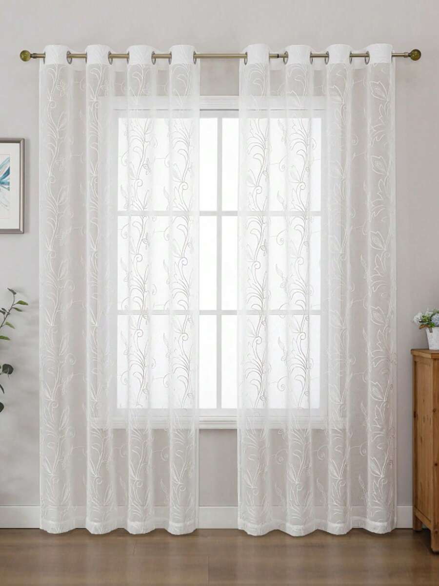 1pc/2pcs,Elegant Leaf Embroidery Sheer Curtains - Lightweight Transparent Window Drapes For Bedroom Living Room (White) - 1PC - View 1