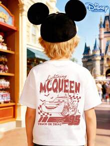 Disney Cars Lightning McQueen "TRUCK OR TREAT" Kids T-Shirt, Double-Sided Halloween Racing Character Graphic, Casual Crew Neck Short Sleeve Tee, Unisex Boys Girls Fashion Top, Ideal For Disney Fans & Halloween Wea - White - View 3