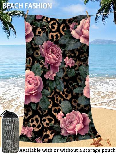 【超柔软速干】250克超细纤维沙滩巾 | 70*140厘米/90*180厘米可选 | 艺术豹纹花卉图案印花 | 高吸水性便携游泳巾，浴室装饰，沙滩巾 | 适合夏季海滩游泳、旅行、露营、健身