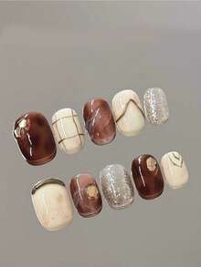 10 móng tay giả thủ công phong cách Baroque cổ điển màu hổ phách, nâu và be với lá vàng và họa tiết lưới, móng vuông ngắn, móng giả acrylic viền kim loại dùng hàng ngày, kèm keo dán và dũa móng, dụng cụ làm móng DIY. - Cà phê nâu - Xem 2