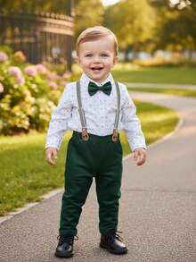 两件套男童绅士套装 - 白色长袖衬衫配领结和深绿色背带裤，时尚帅气，适合户外活动、婚礼、生日派对、合唱表演等场合。 - 綠色 - 查看 1