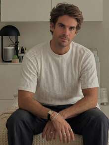 1pc Men's Summer Casual Minimalist White Striped Textured T-Shirt, Breathable - White - View 5