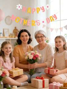 Colorful "Happy Mother's Day" Floral Design Felt Banner, Multipurpose Party Decor Suitable For Brunch And Celebrations, No Power Needed, Ideal Photo Prop - View 2