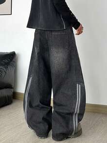 1pc Justice Brother Vintage Cocoon Men's Jeans, Patchwork Barrel Leg Loose Casual Long Pants - Black - View 8