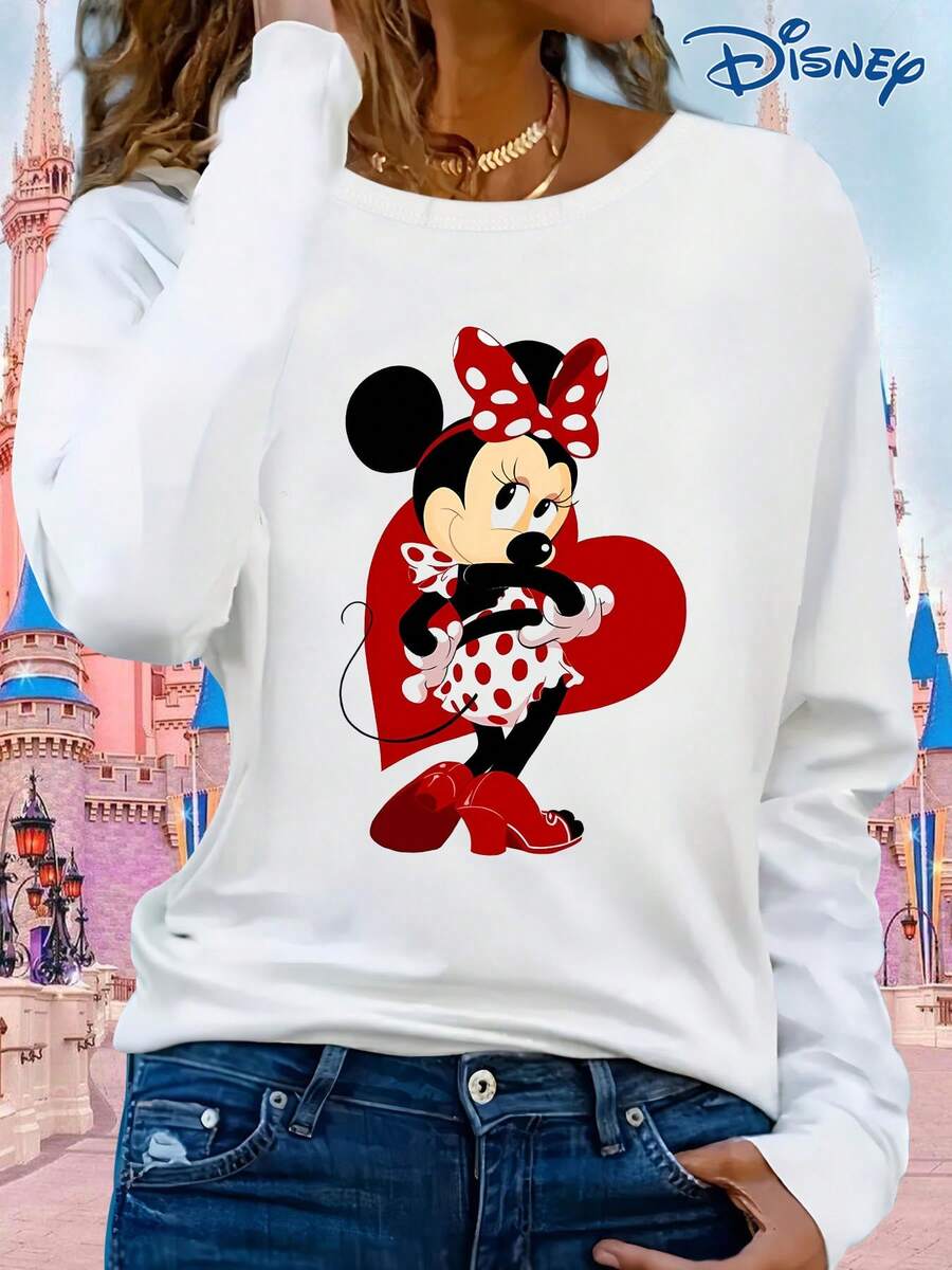 Disney A Women's Long-Sleeved T-Shirt, IP Licensed, Minnie Mouse Print Long-Sleeved T-Shirt, Round Neck, Slightly Stretchy, Non-Transparent, Easy-Care Material, Suitable For Everyday Wear, Women's Long-Sleeved T-Shirt, Valentine's Day Love T-Shirt.Made From Soft, Comfortable, And Durable Pure Cotton, This Is An Ideal Choice For Spring And Summer. This Crew Neck T-Shirt Is Suitable For Various Occasions, Including Everyday Wear, Shopping, Parties, Travel, And Gatherings, And Also Makes A Thoughtful Gift. - White - View 1
