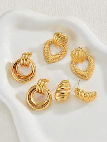 6pcs Fashion Minimalist Elegant Faux Pearl Flower, Heart, Irregular Geometric Liquid Gold Metal Stud Earrings Set, Suitable For Women's Holiday, Party, Banquet, Festival, Birthday, Daily Wear - Yellow Gold - View 8