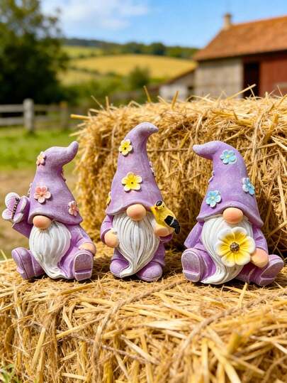 Cute Purple Resin Garden Gnome Sculpture - Weather-Resistant Outdoor Decor For Patio, Balcony And Yard - Charming Floral Decorated Statue To Add To Your Home And Garden