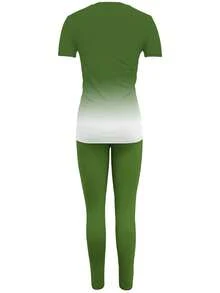 Casual Gradient ECG Print Short Sleeve T-Shirt And Leggings Set, Spring/Summer Elegant - Dark Green - View 3