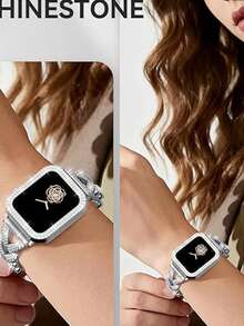 1pc 41mm Jewelry Diamond Metal Band & Protective Case Compatible With Apple Watch Series 9/8/7, Fits 38mm, 40mm, 41mm, 42mm, 44mm, 45mm, 49mm; 2pcs Women Jewelry Replacement Metal Strap Band With Shiny Screen Protector Case Compatible With Apple Watch Ultra SE Series 9/8/7/6/5/4/3/2/1, Shiny Women Watch Band Accessories - Silver - View 6