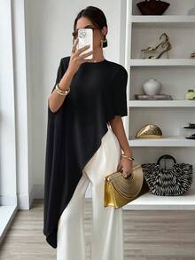 Satin Asymmetric Hem Puff Sleeve Elegant Blouse, Suitable For Party, Date, Formal, Vacation Wear, Black Summer - Black - View 3