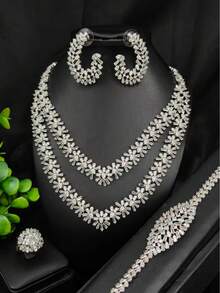 1 Set de Joyería de Lujo para Mujer con Tono Plateado de Cobre y Cristales Rhinestone, 4 piezas Collar, Aretes, Pulsera, Anillo, Adecuado para Novia de Medio Oriente Dubai, Europa, África, Boda, Fiesta, Día de San Valentín, Día de la Madre, Regalo de Vacaciones - Plateado - Ver 1